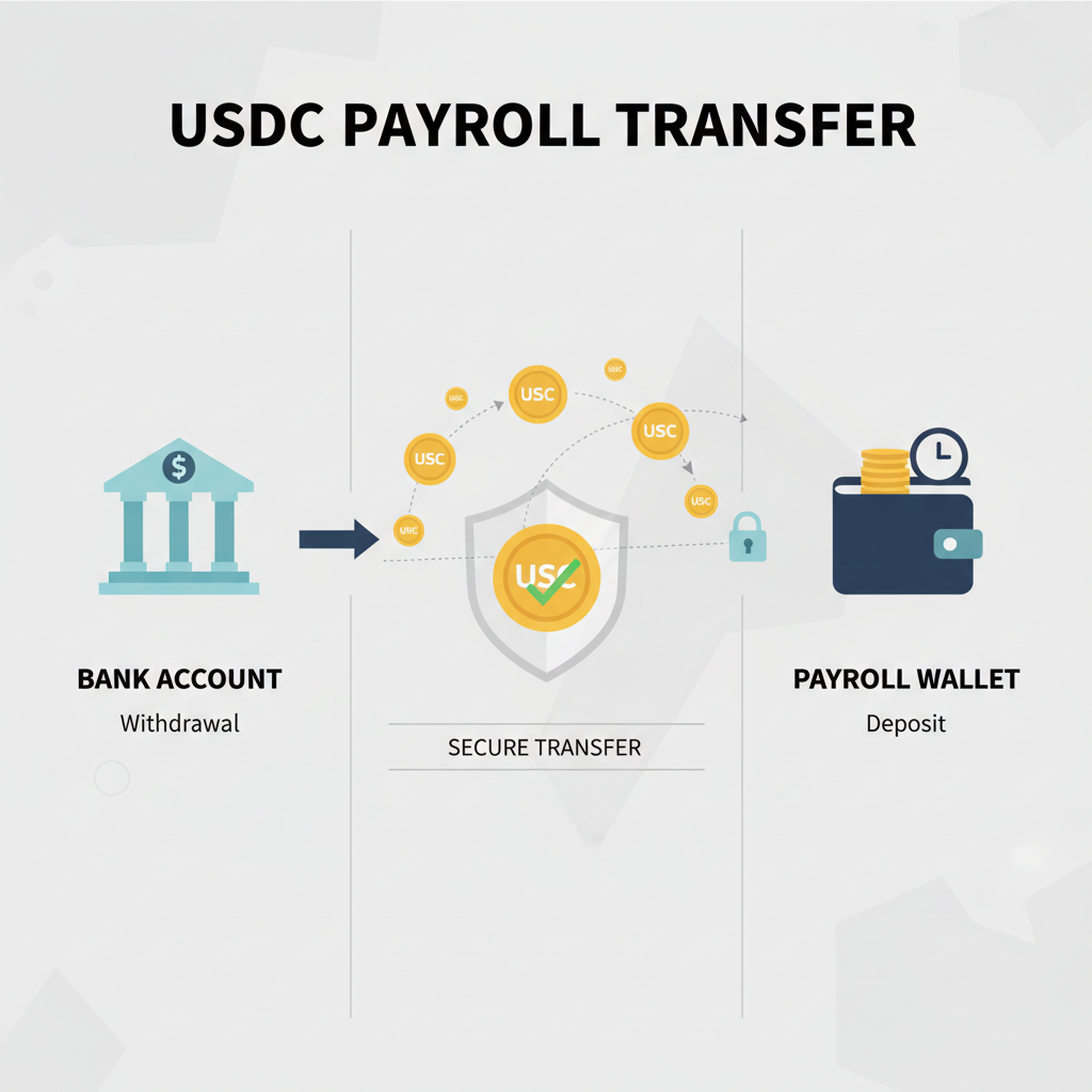 secure USDC transfer from bank to payroll wallet, icons of coins flowing safely, professional finance interface