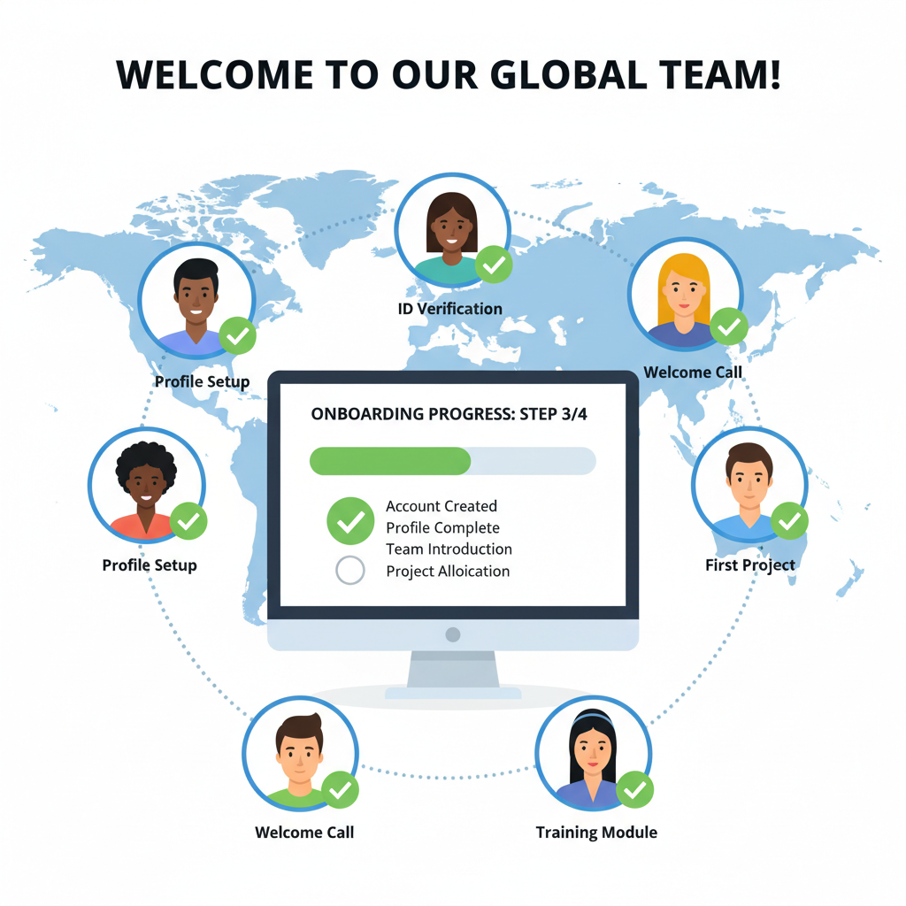 diverse remote team onboarding screen, global map with user profiles, checkmarks for verification