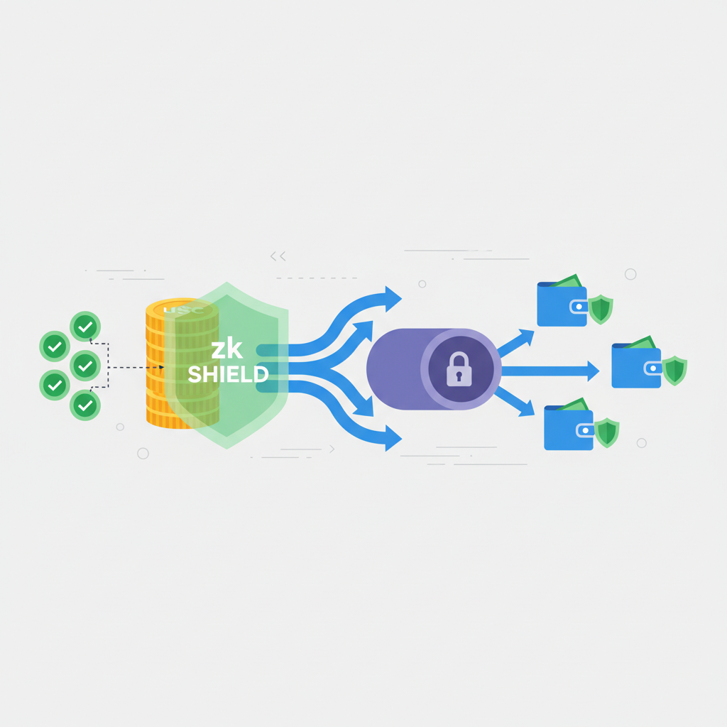 batched shielded USDC payments flowing privately, zk shield protecting transactions, green compliance badges