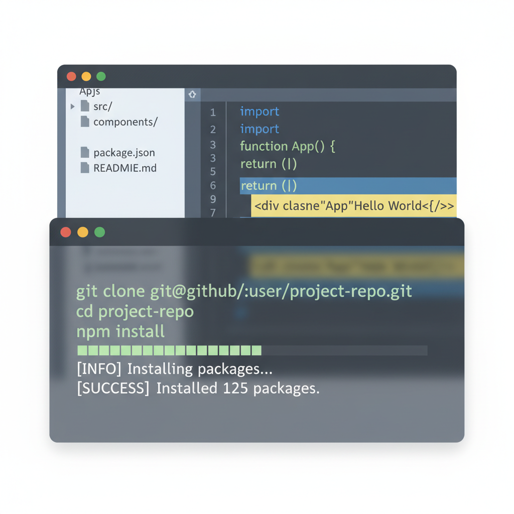 Terminal window cloning GitHub repo and running npm install, code editor in background