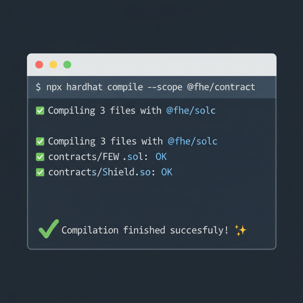 terminal compiling Hardhat FHE contract with success checkmarks