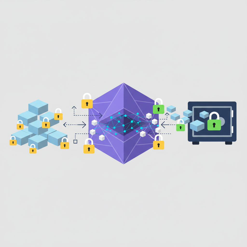 encrypting data with padlock icons flowing into Ethereum blockchain