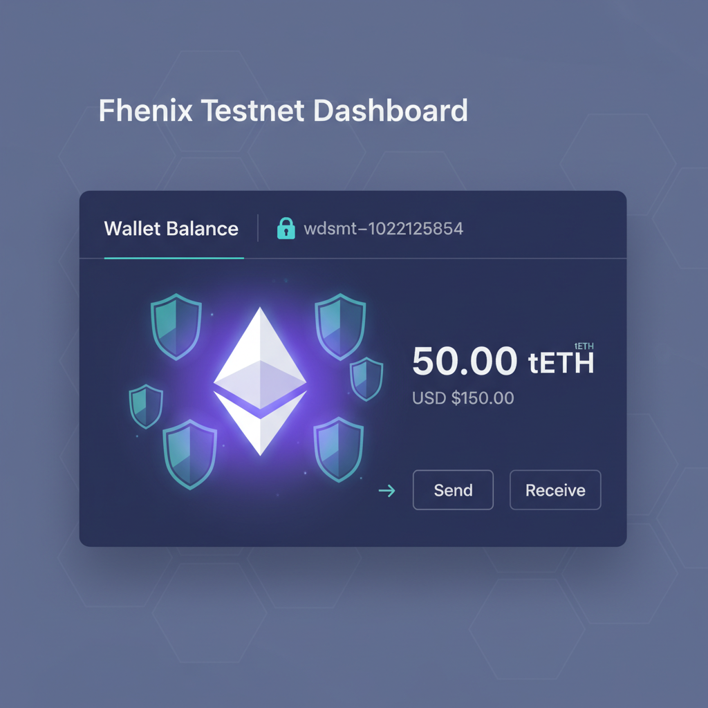 Wallet balance screen on Fhenix testnet dashboard, ETH tokens glowing with encryption shields
