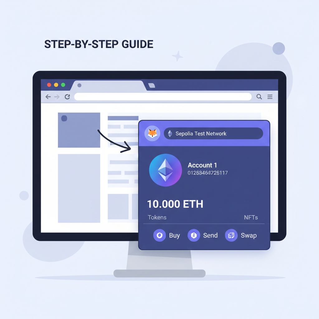 MetaMask browser extension open showing Sepolia testnet selected, vibrant Ethereum icons