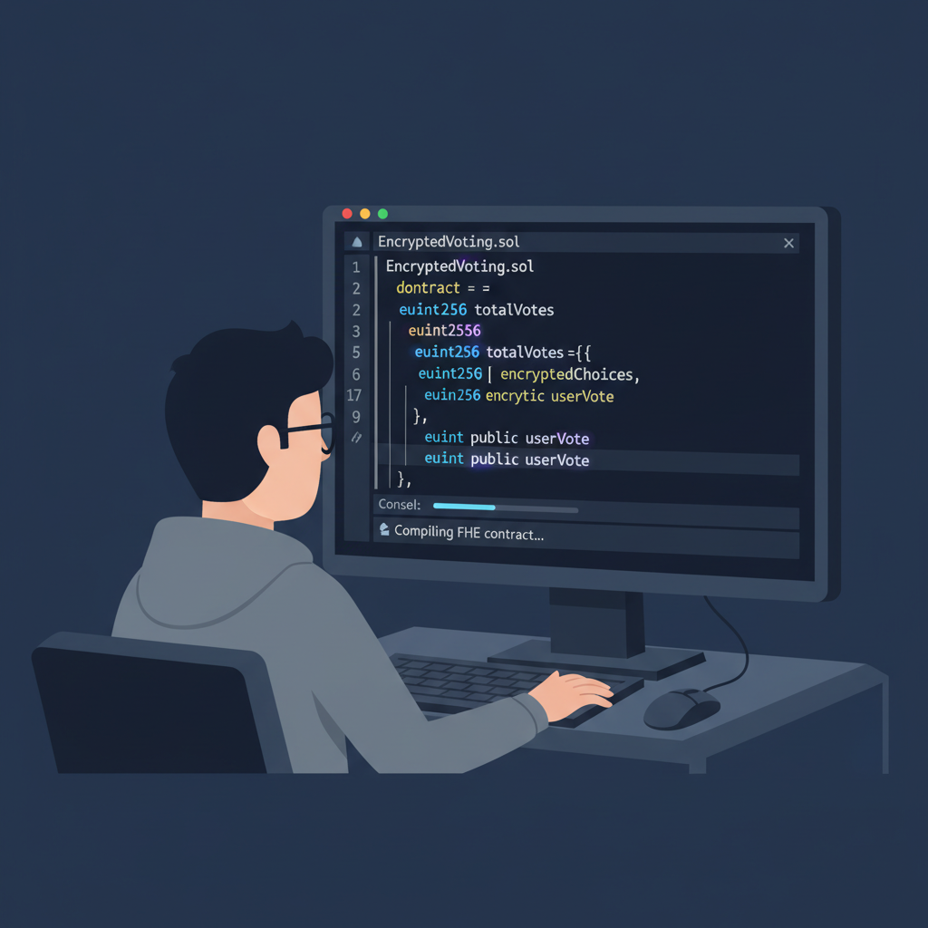 developer coding FHE Solidity contract with glowing euint variables on dark theme editor