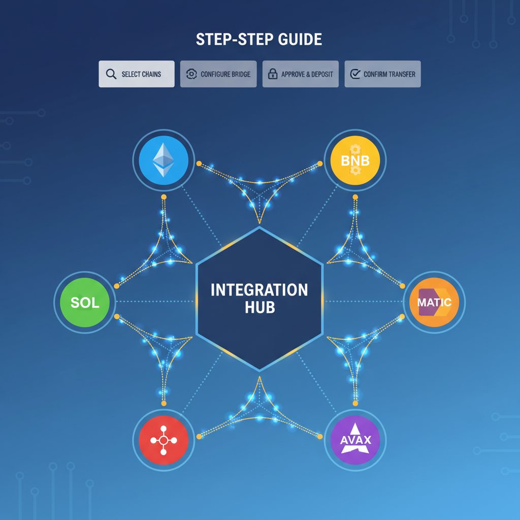 bridge integration dashboard, chain icons connected by glowing bridges, network graph