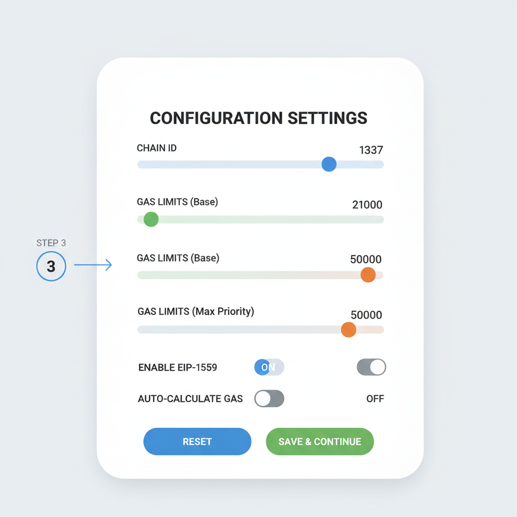 configuration panel with sliders for chain ID, gas limits, modern form UI
