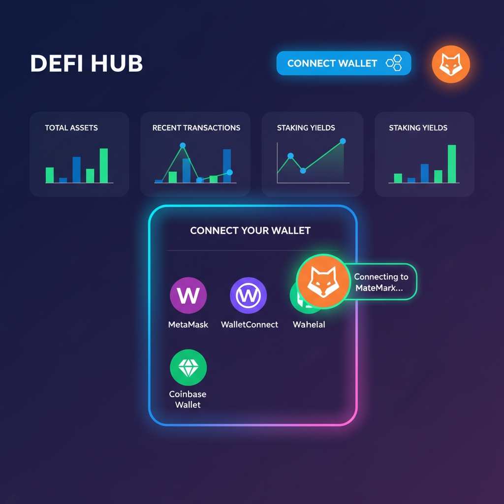 sleek web dashboard with wallet connect button, MetaMask popup, neon blockchain UI