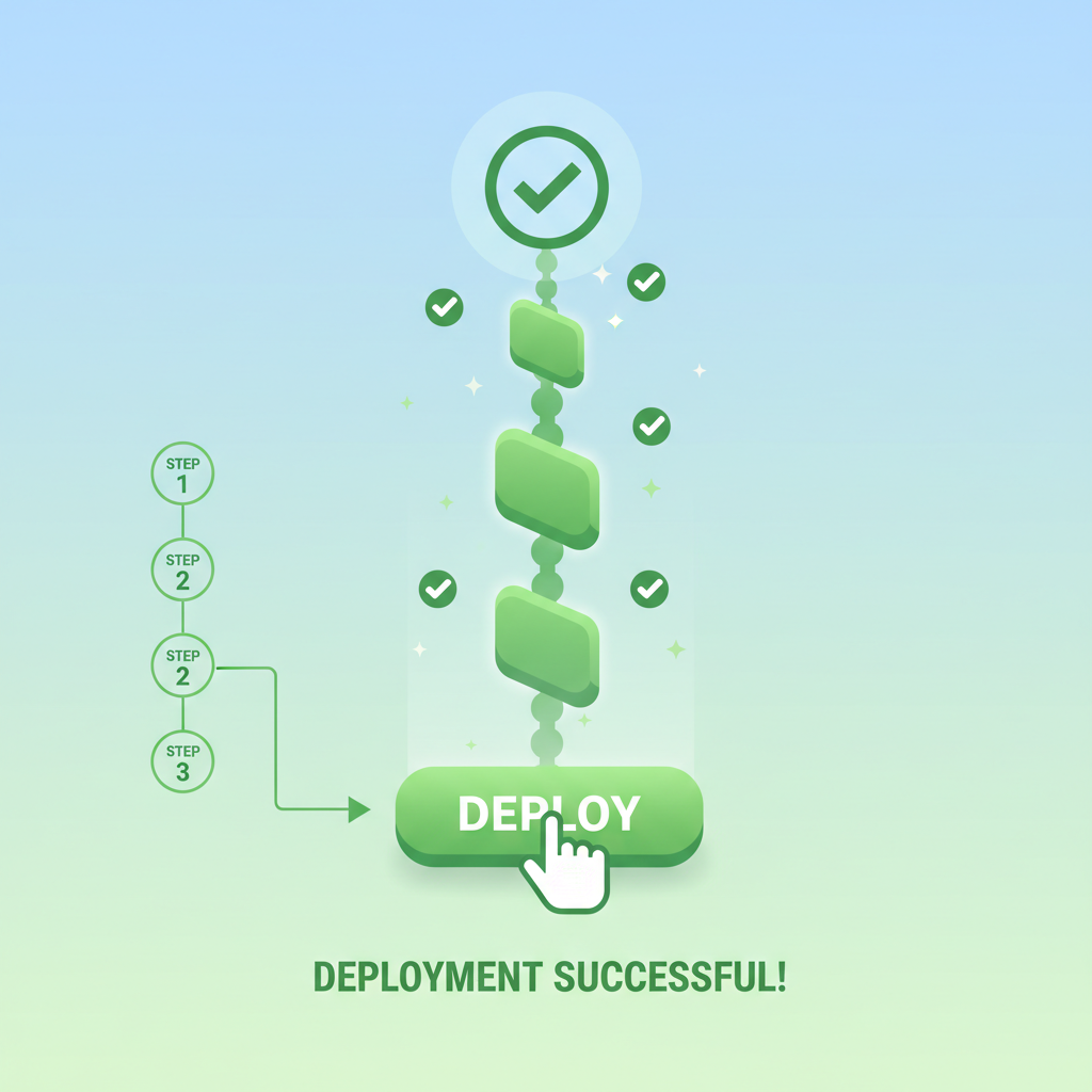 deploy button pressed, success animation with rising blockchain chain, green checkmarks