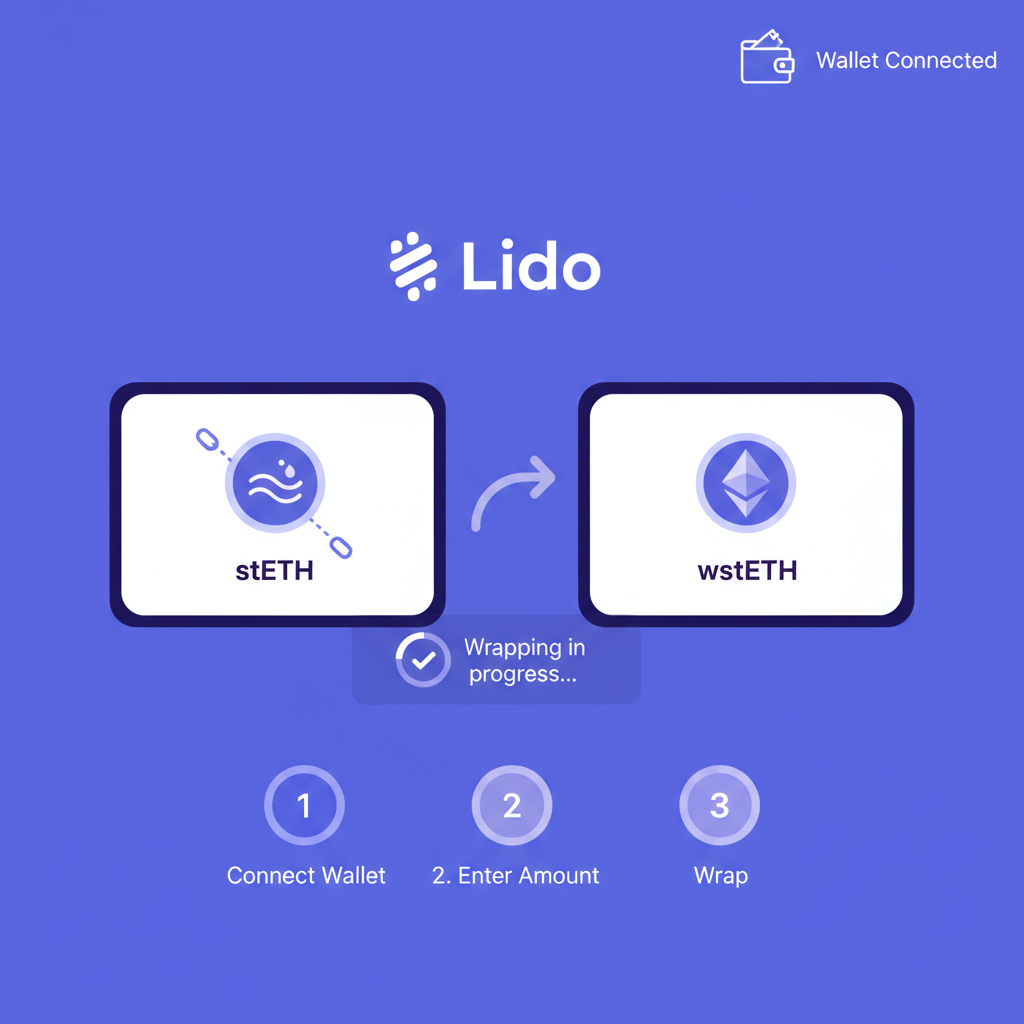 illustration of Lido app wrapping stETH to wstETH, wallet connected, blue purple tones