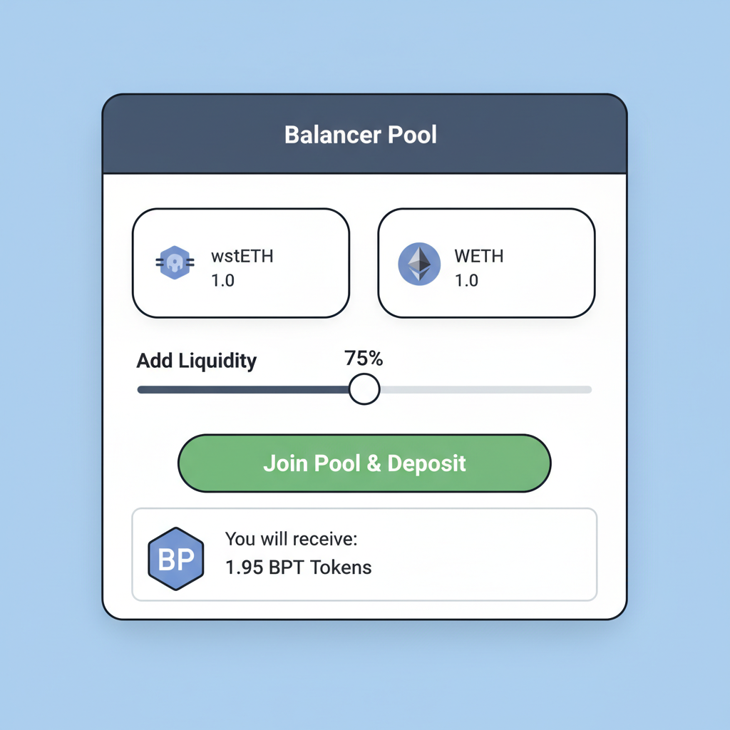 Balancer UI joining wstETH WETH pool, adding liquidity slider, receiving BPT token
