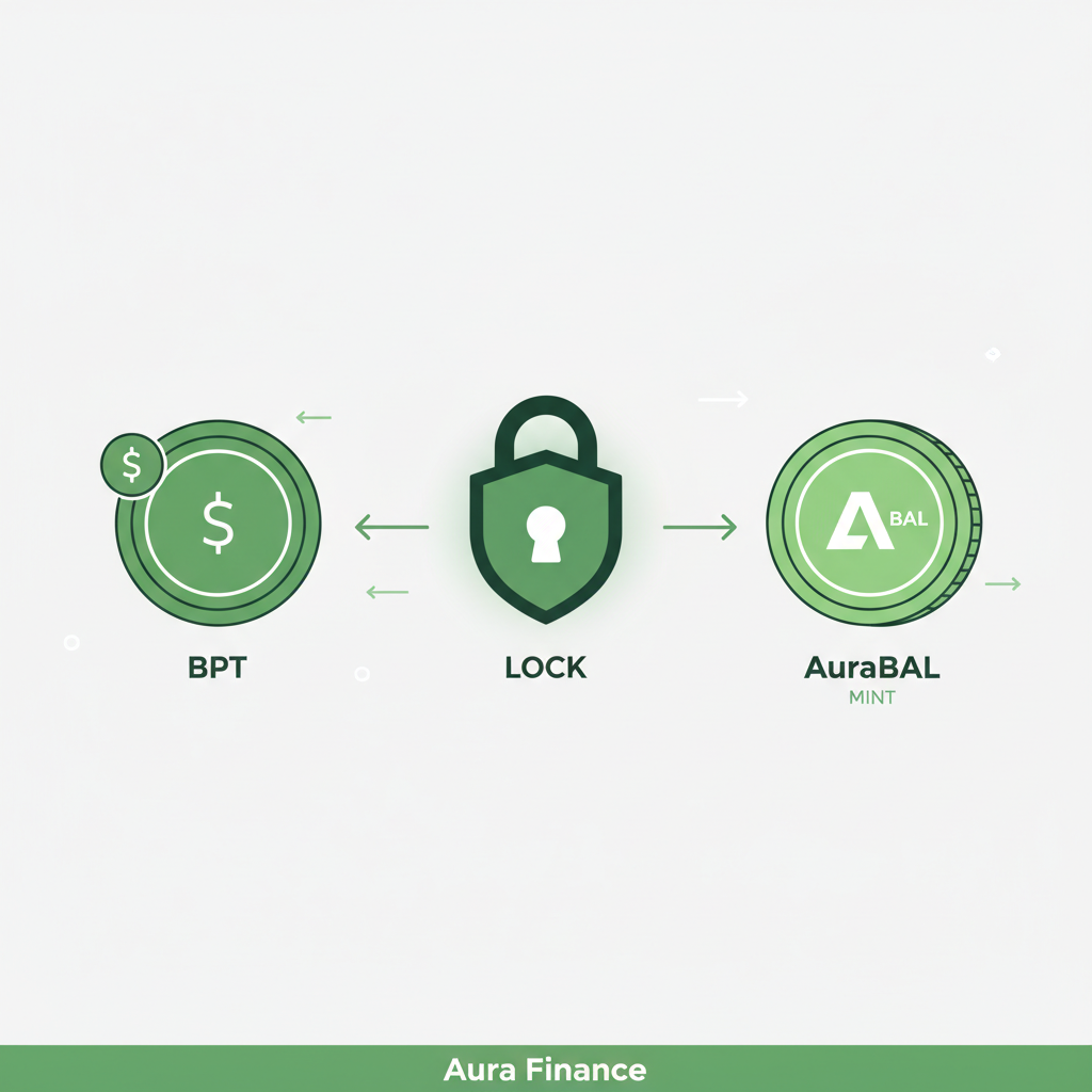 Aura Finance depositing BPT to mint AuraBAL, lock icon, green accents