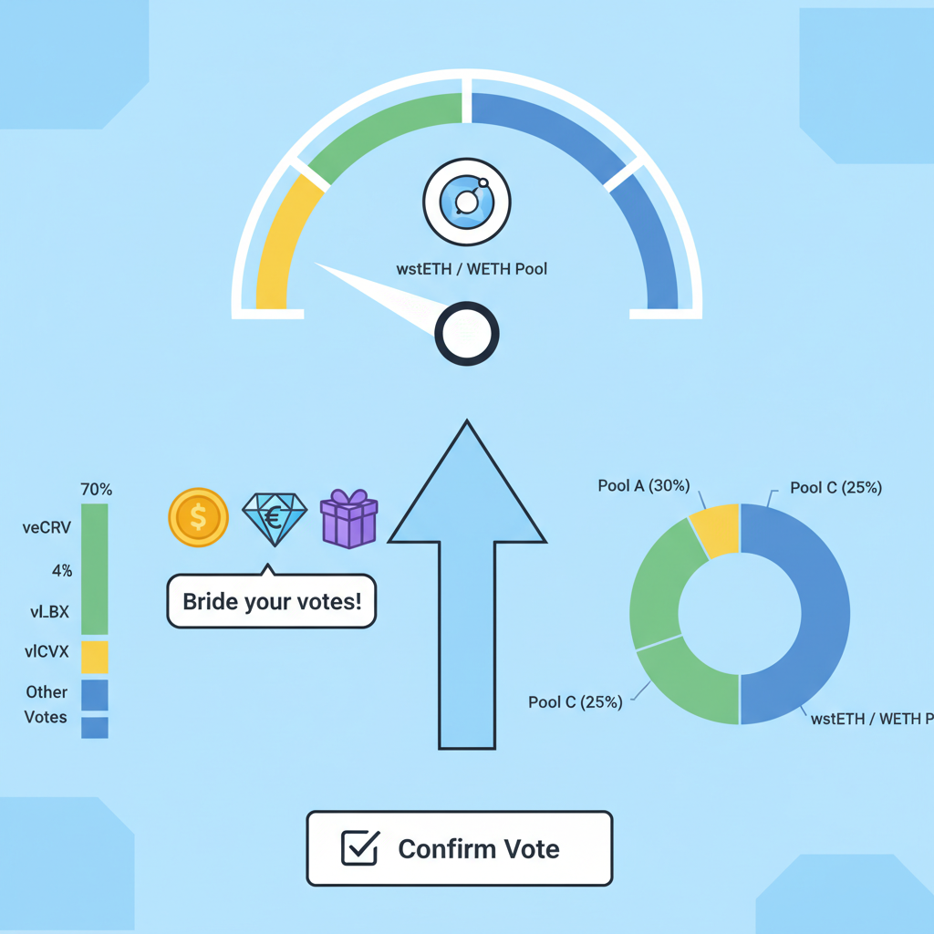 Gauge voting dashboard, arrow to wstETH WETH pool, bribe icons