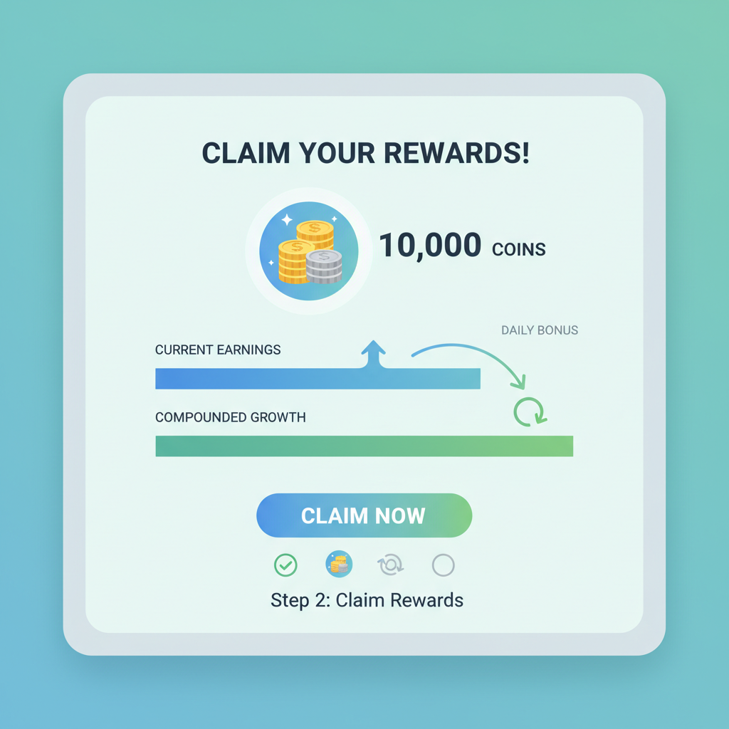 Rewards claiming screen, coins and charts, compounding arrows