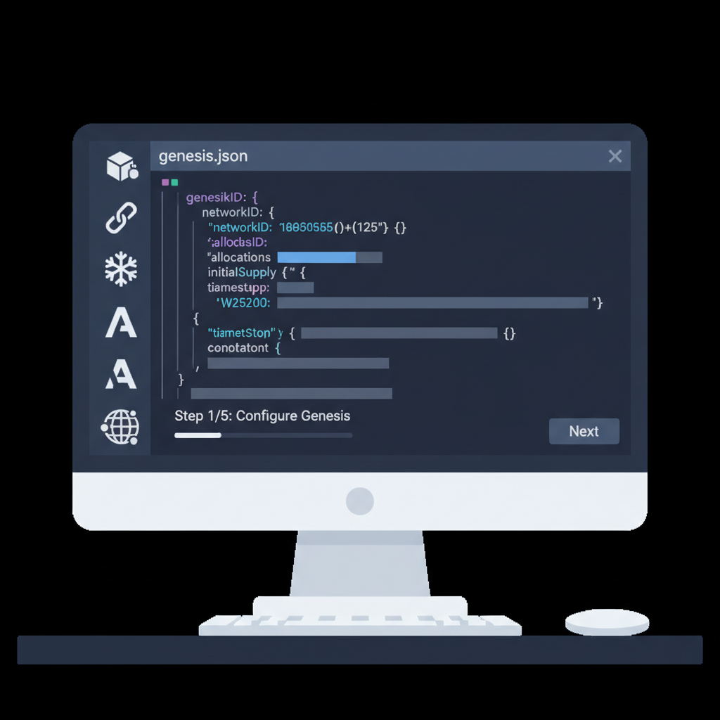 code editor with Avalanche genesis JSON file open, blockchain icons, dark mode