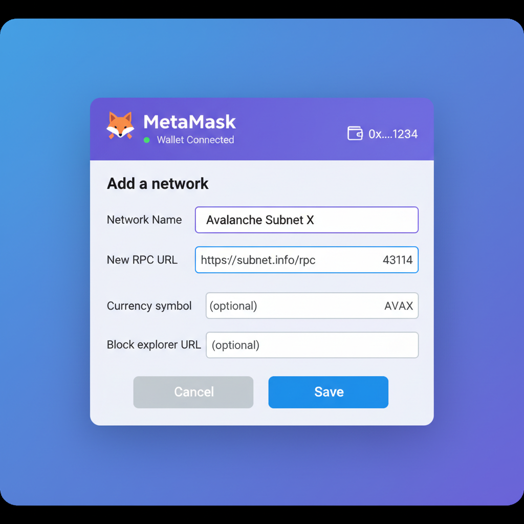 MetaMask popup adding custom Avalanche subnet, wallet connected, modern UI