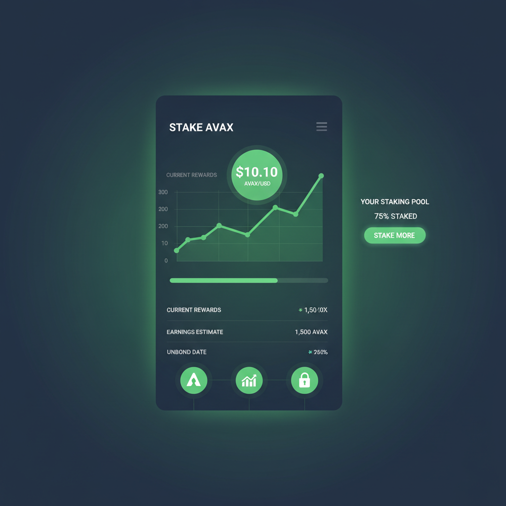 wallet interface staking AVAX tokens, charts showing $10.10 price, green glow