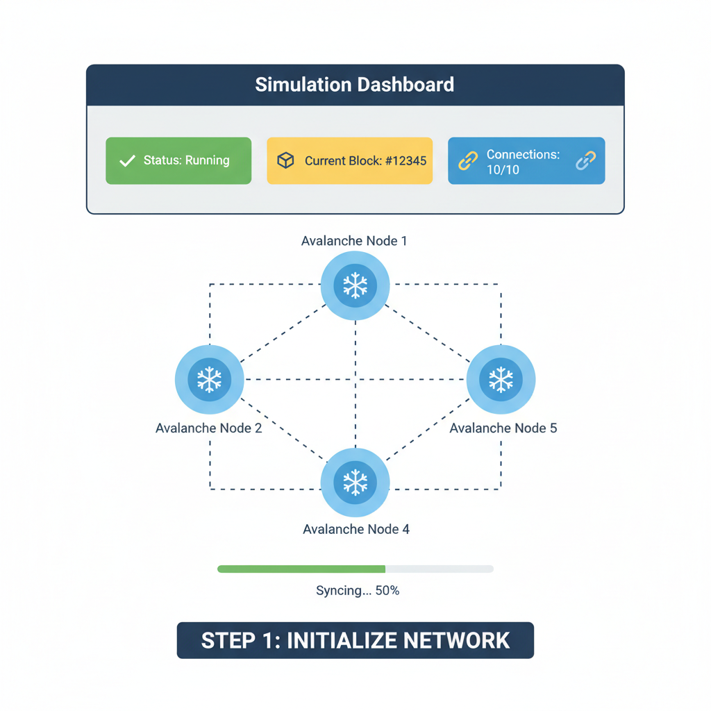 local blockchain network diagram, Avalanche nodes connecting, simulation dashboard