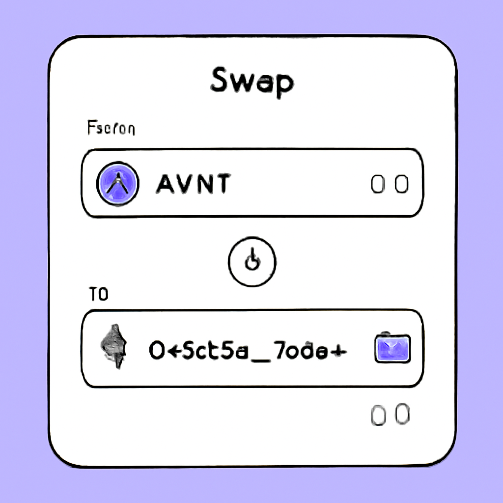 A DEX swap interface with the AVNT token selected, and a contract address being pasted in.