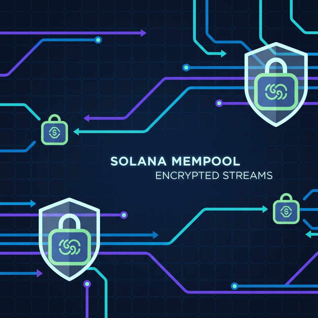 Encrypted mempool streams in Solana network, glowing secure data locks, cyber defense style