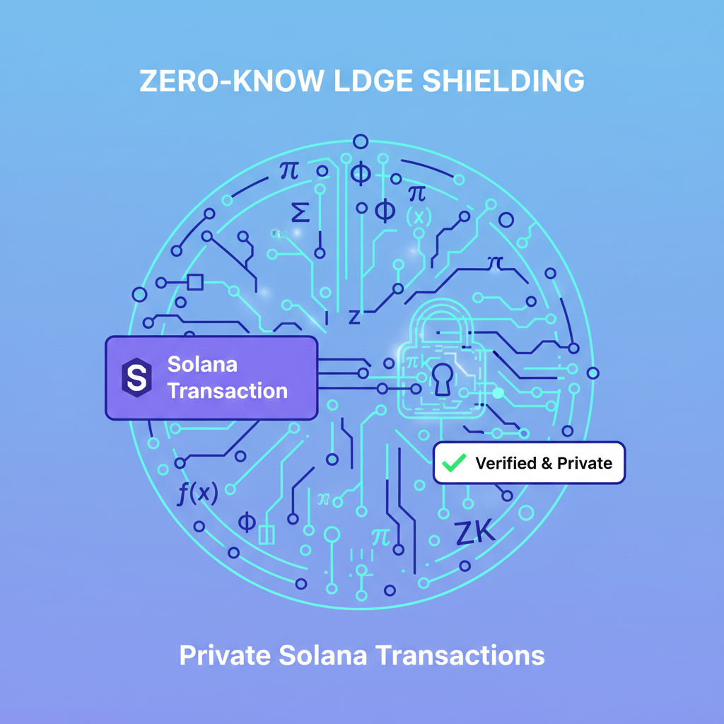 Zero-knowledge proofs shielding Solana transactions, mathematical circuits glowing, privacy veil