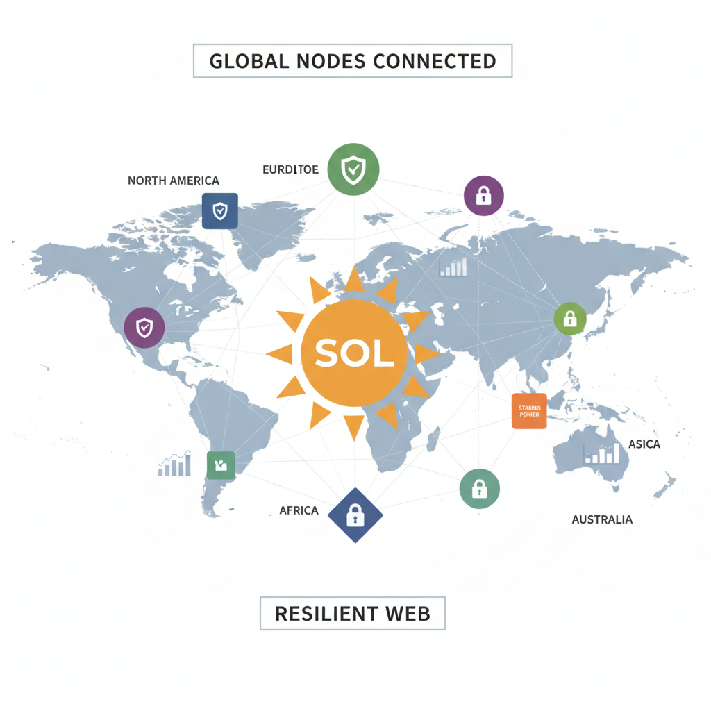 Diverse Solana validators staking network, global nodes connected, resilient web