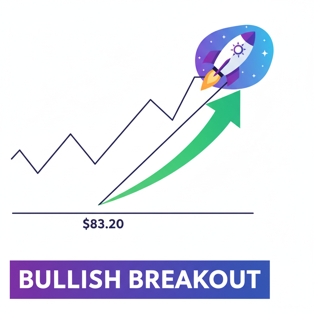 SOL price chart at $83.20 support, bullish breakout arrow, Solana rocket launch