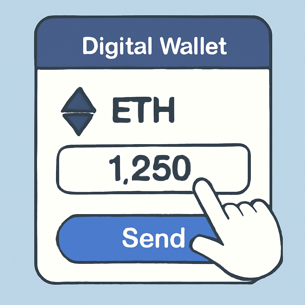 A digital wallet interface with ETH selected and an amount being typed in, highlighting the ETH logo and input field.