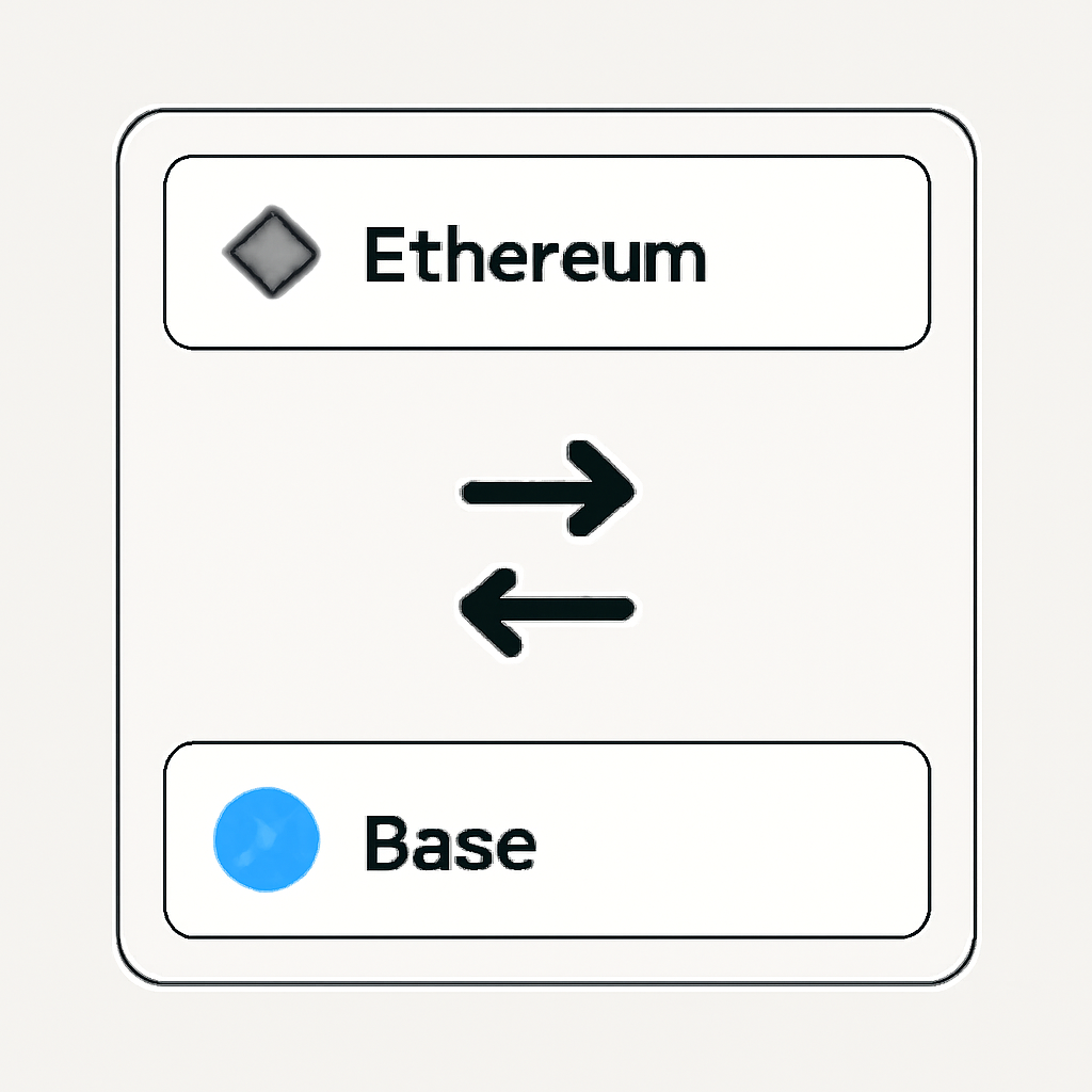 A web app interface with Ethereum selected as the source chain and Base as the destination chain, with arrows indicating the direction of transfer.
