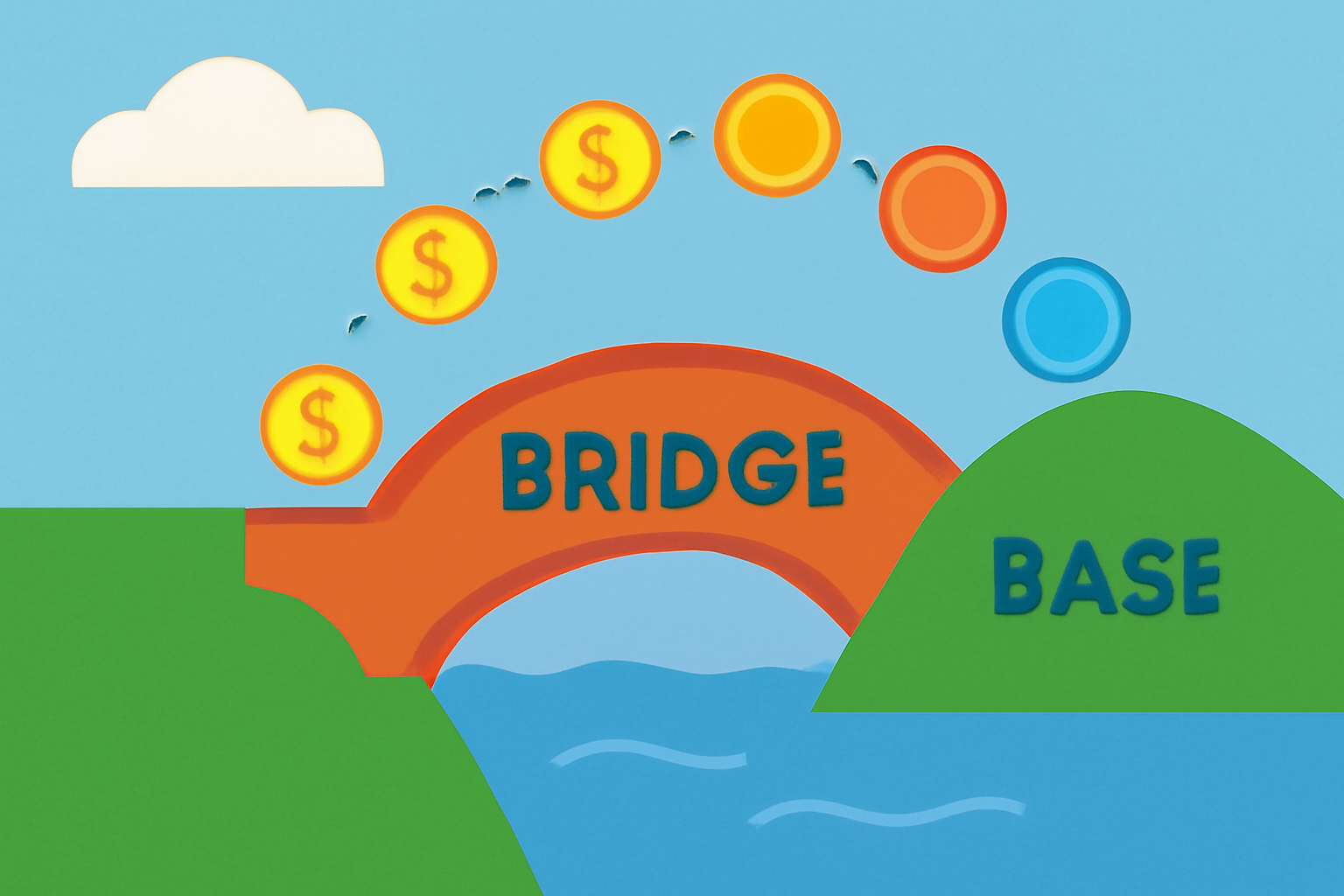 A playful digital bridge over a river, with coins and tokens moving across to a land labeled 'Base'