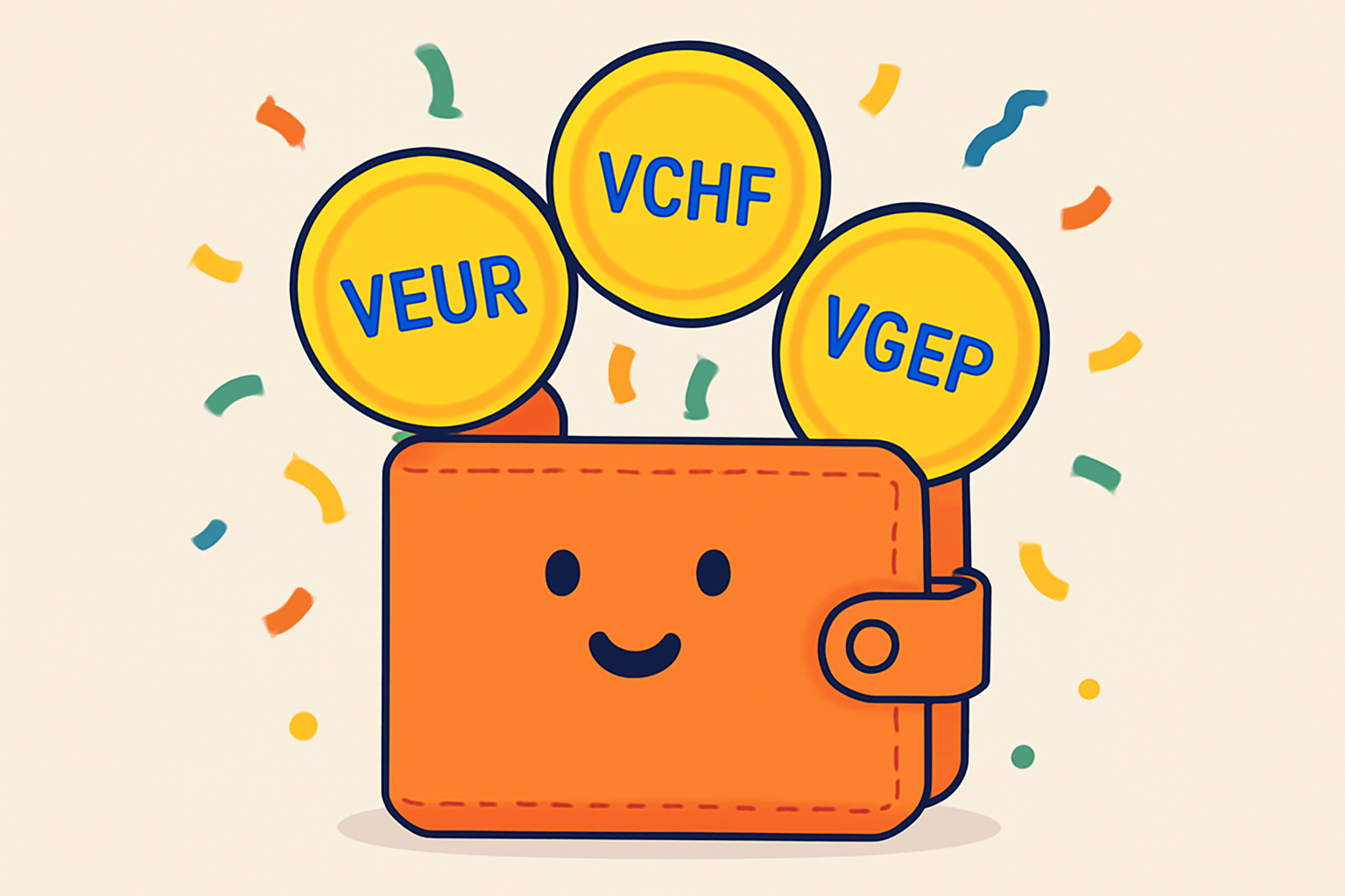A cheerful wallet bursting with digital coins labeled VEUR, VCHF, and VGBP, with confetti in the background