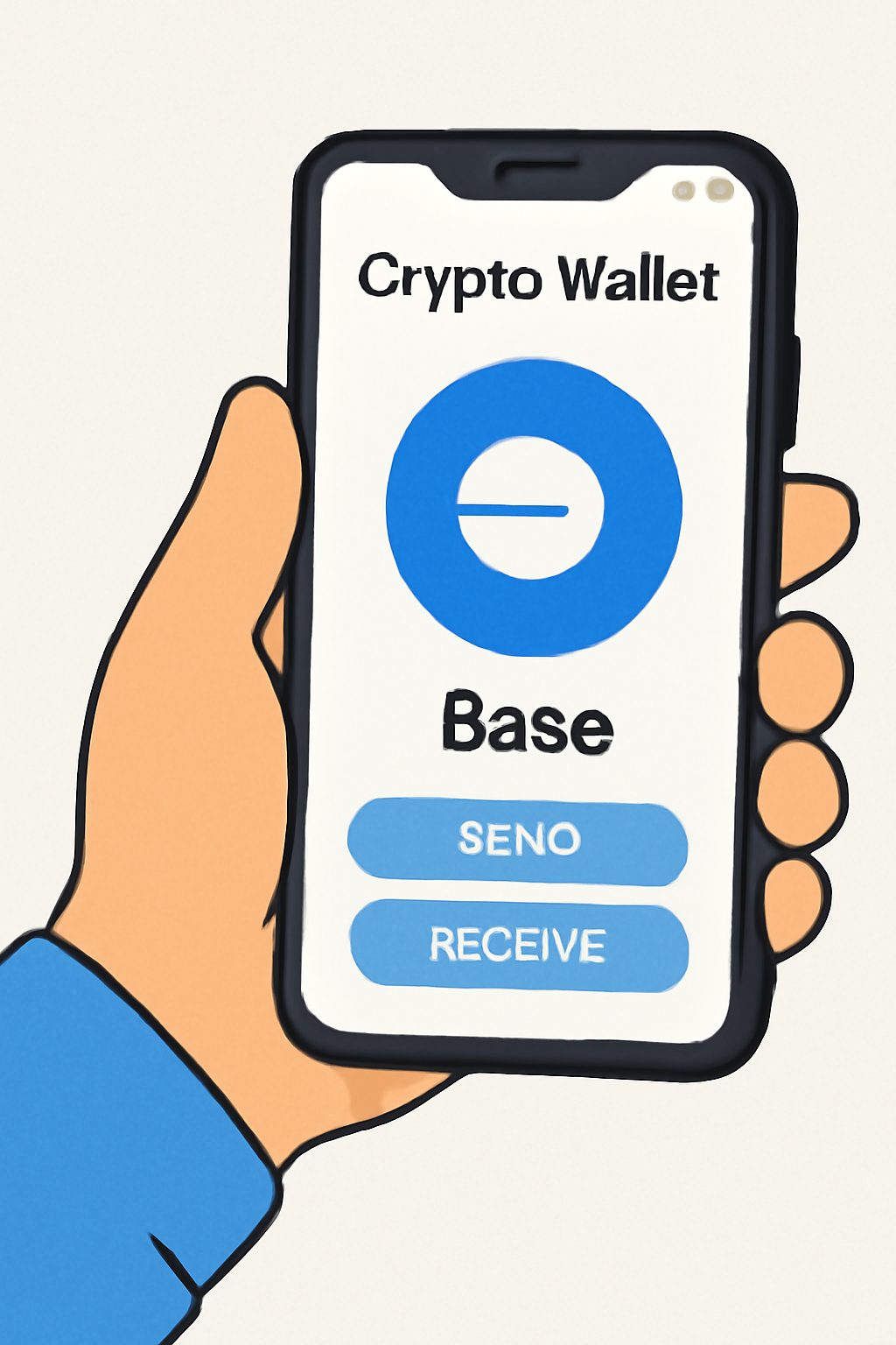A friendly cartoon hand holding a smartphone with a crypto wallet app open, showing the Base network logo