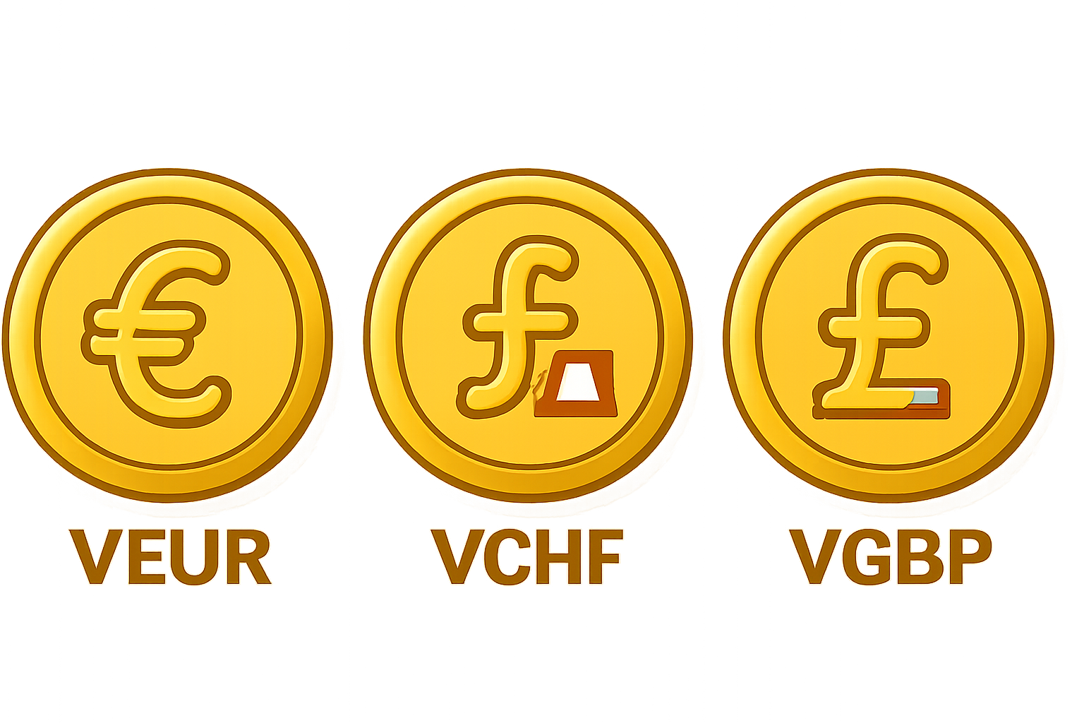 Three shiny coins labeled VEUR, VCHF, and VGBP, each with their respective currency symbols and flags