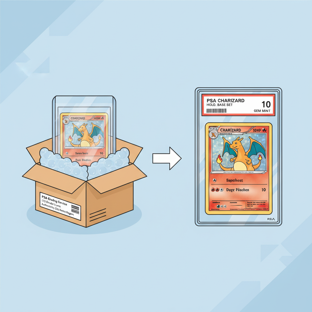 Professional Pokémon trading card in protective sleeve being shipped to PSA grading service, detailed slab with grade label, clean modern aesthetic