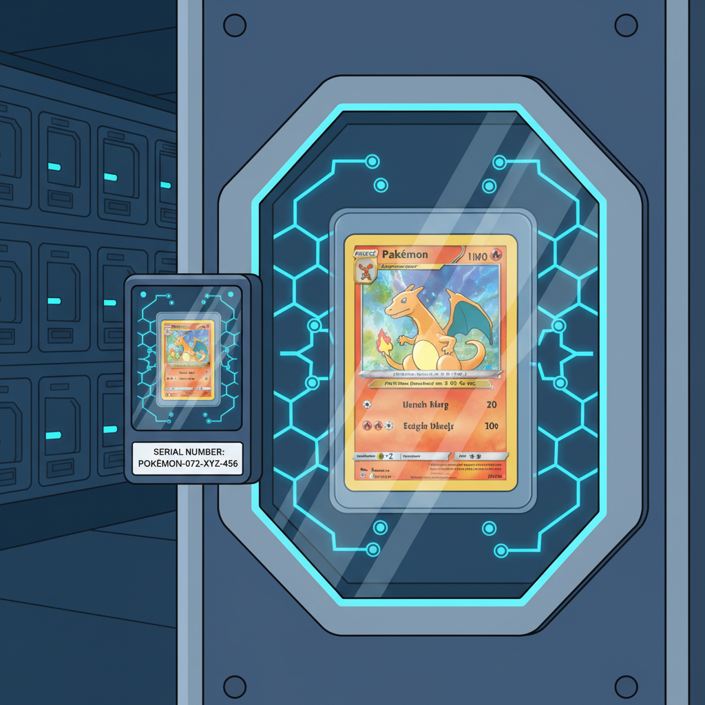 Slabbed graded Pokémon card locked in high-security vault, with photo documentation and serial number label, futuristic secure storage facility