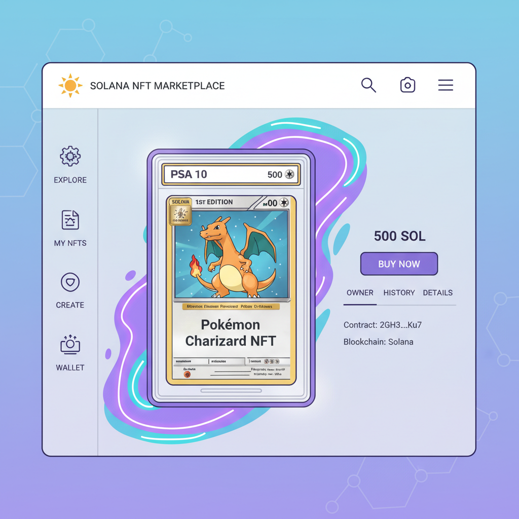 sleek NFT marketplace UI listing a graded Pokémon card NFT, Solana blockchain glow, digital trading interface
