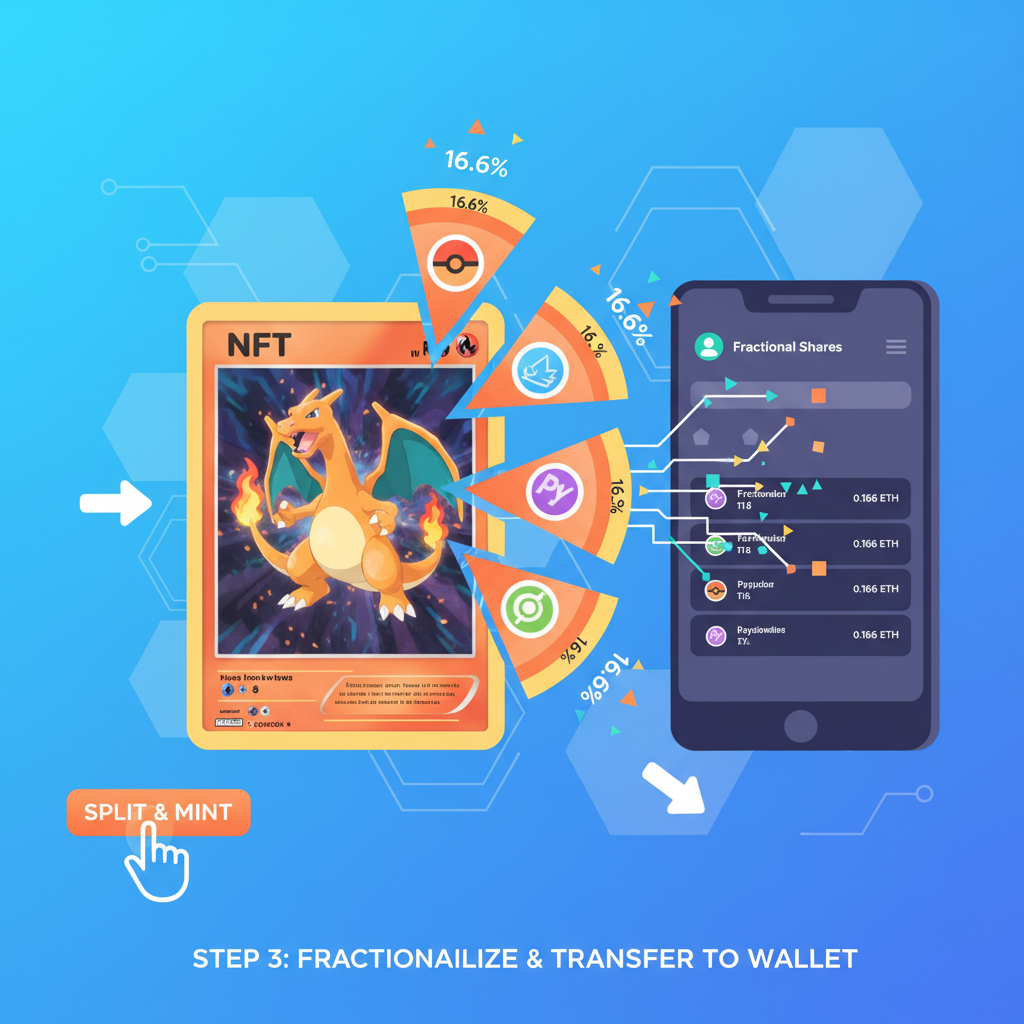Pokémon card NFT splitting into fractional shares like pie slices, crypto wallet transfer, vibrant collectible theme