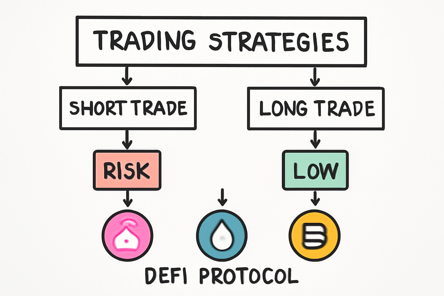 A digital whiteboard with flowcharts illustrating trading strategies, risk levels, and DeFi protocol icons