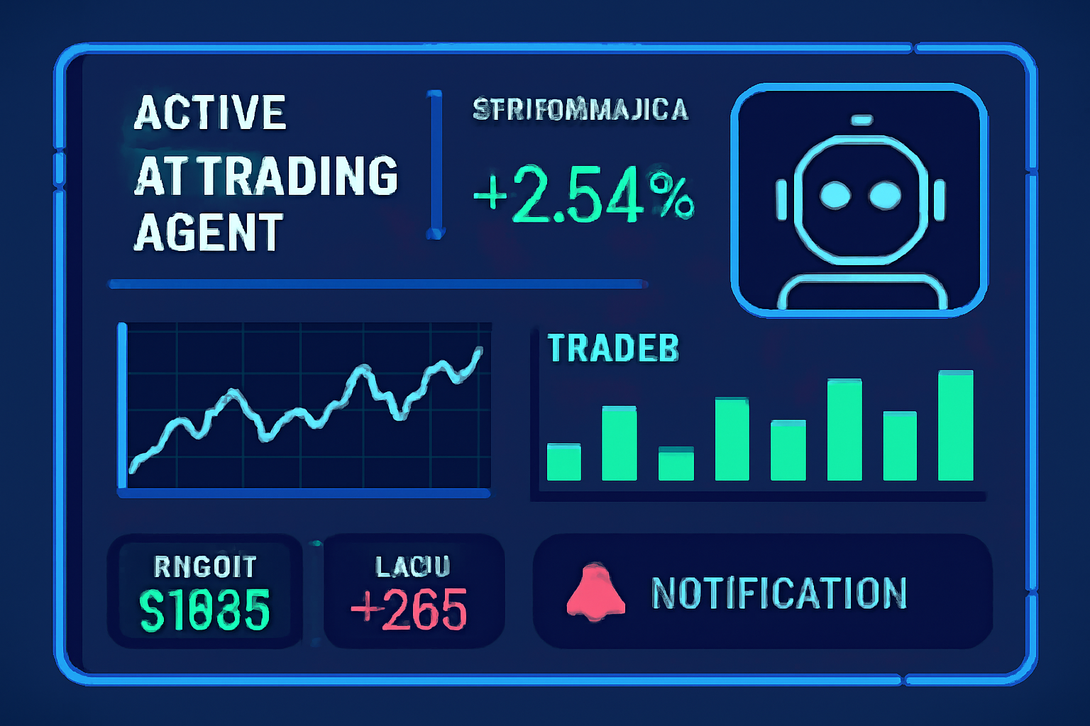 A futuristic control panel displaying live performance metrics, charts, and notifications for an active AI trading agent