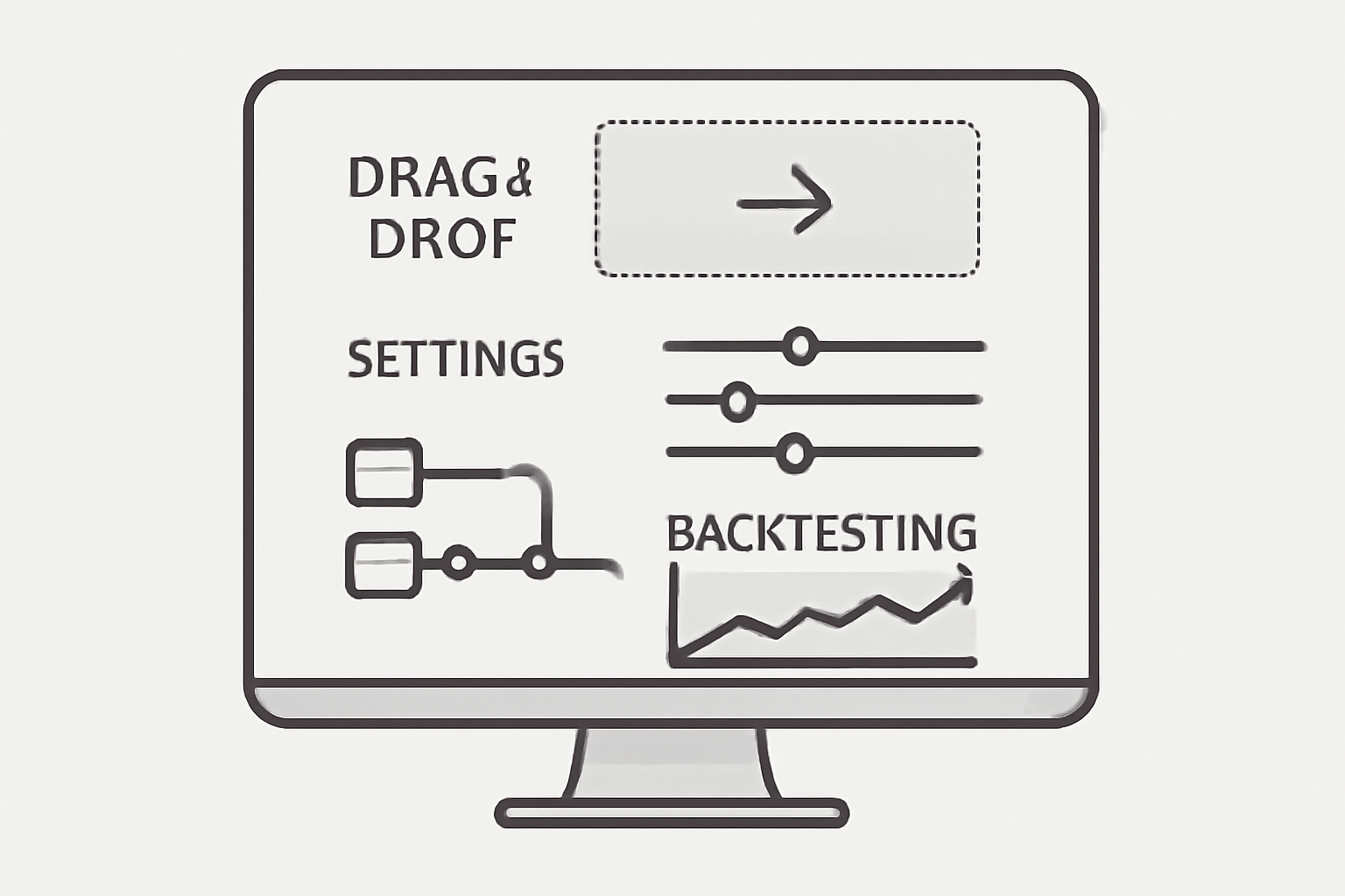 A computer screen showing a drag-and-drop interface with settings sliders, data feed connections, and backtesting charts