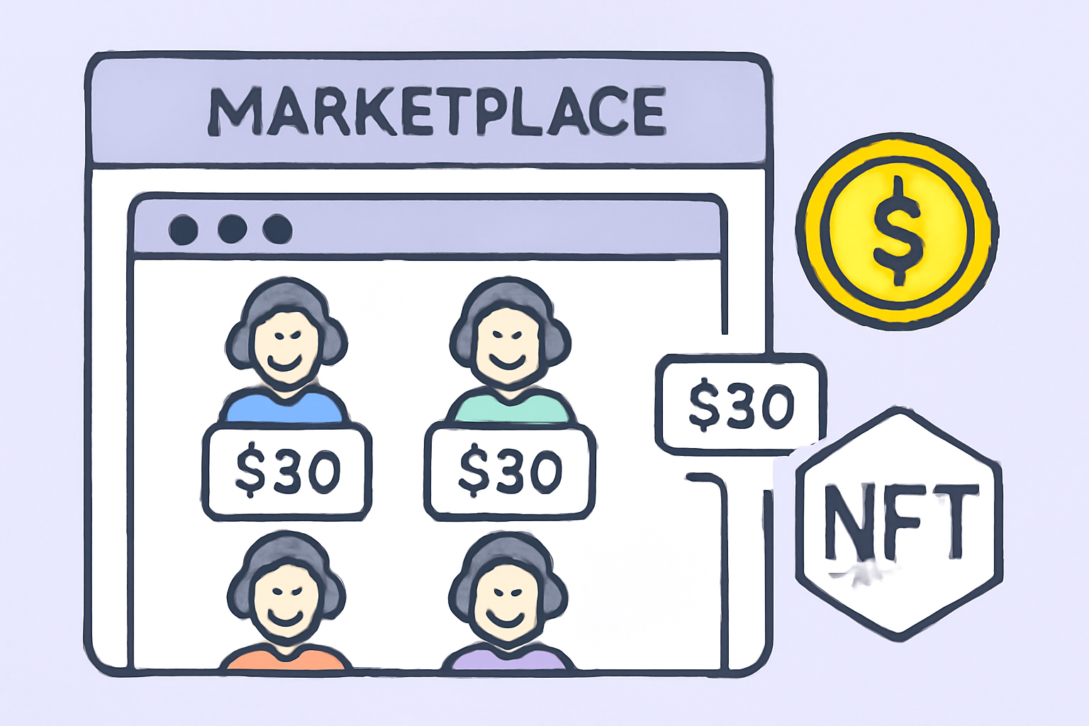 A digital marketplace with AI agent avatars, price tags, and token icons, symbolizing monetization and ownership