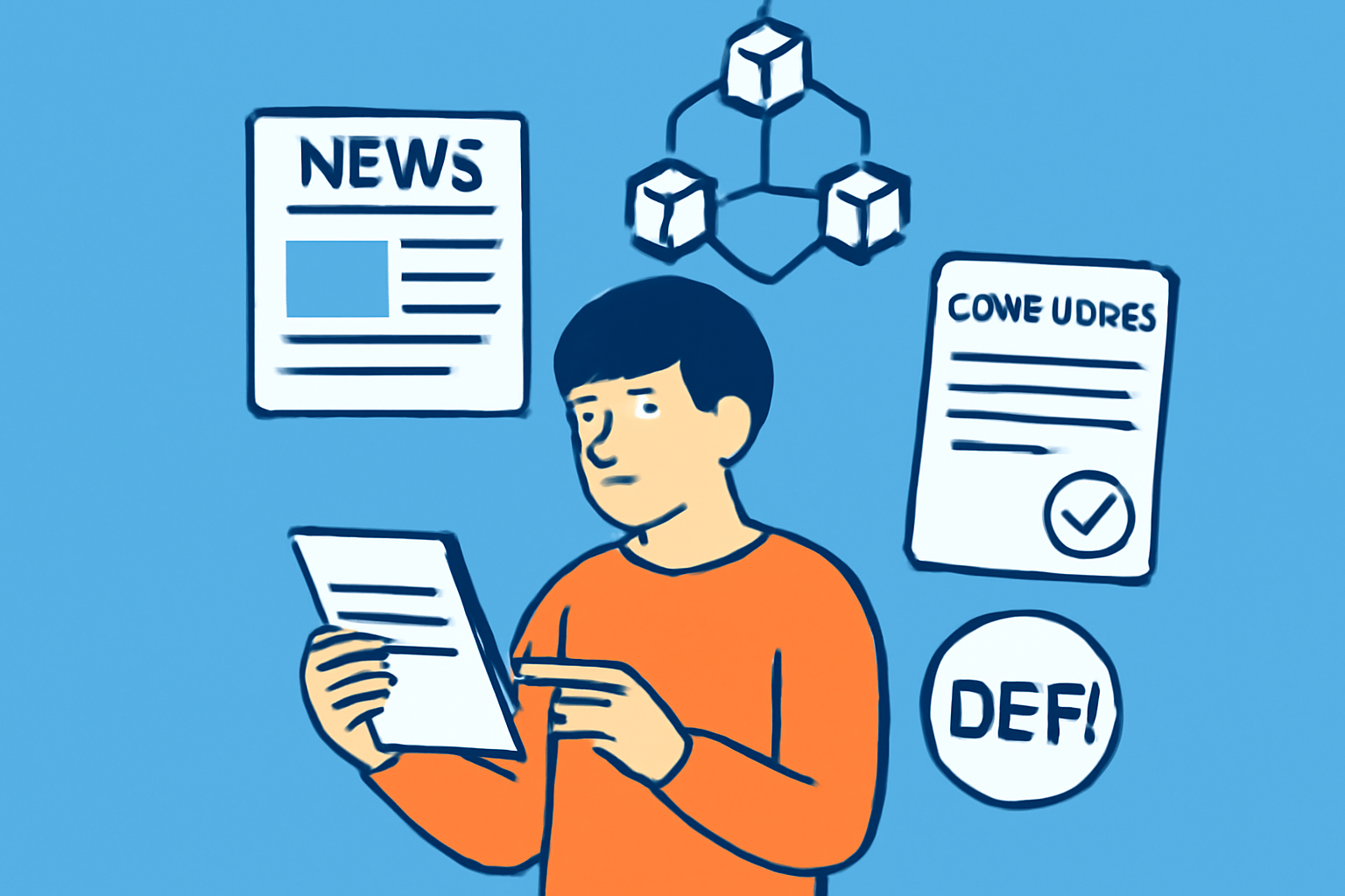 A person reading digital news feeds and compliance documents with blockchain and DeFi visuals in the background
