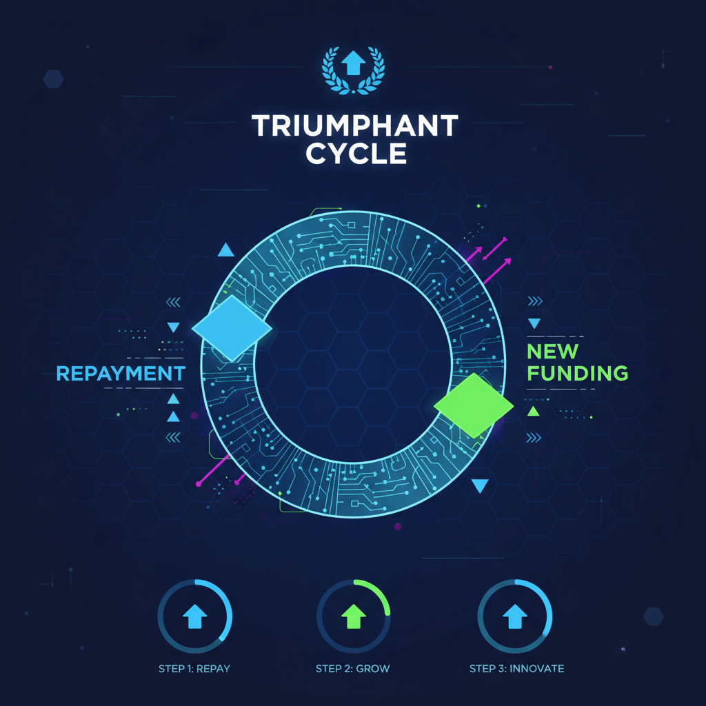 Cycle of repayment and new funding on endless loop dashboard, upward arrows, triumphant cyber aesthetic