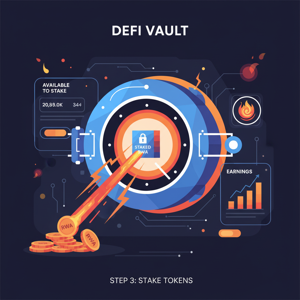 RWA tokens staking in a vault, energy beams, high-stakes DeFi interface, fiery visuals