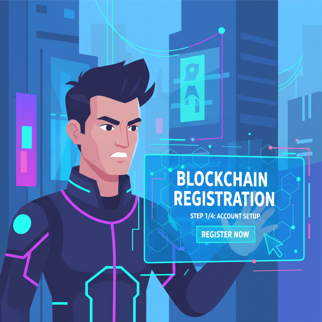 Aggressive SME entrepreneur registering on futuristic blockchain dashboard, neon lights, cyberpunk style