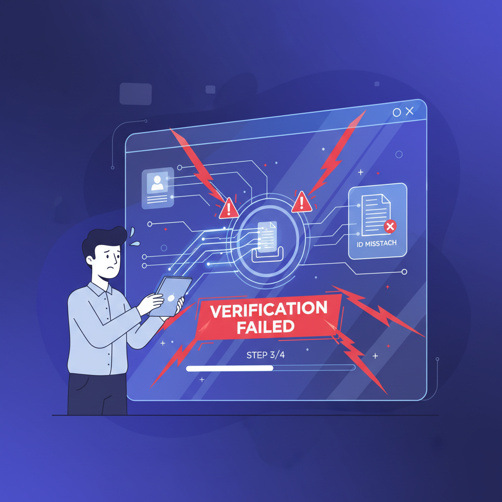 Business owner uploading documents on high-tech verification screen, bold red alerts, dynamic action