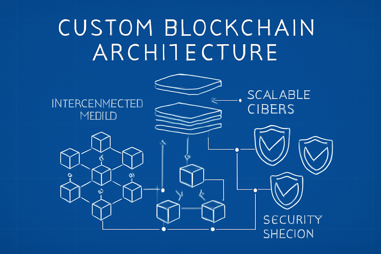a blueprint of a custom blockchain architecture with interconnected nodes, scalable layers, and security shields, in a modern digital style