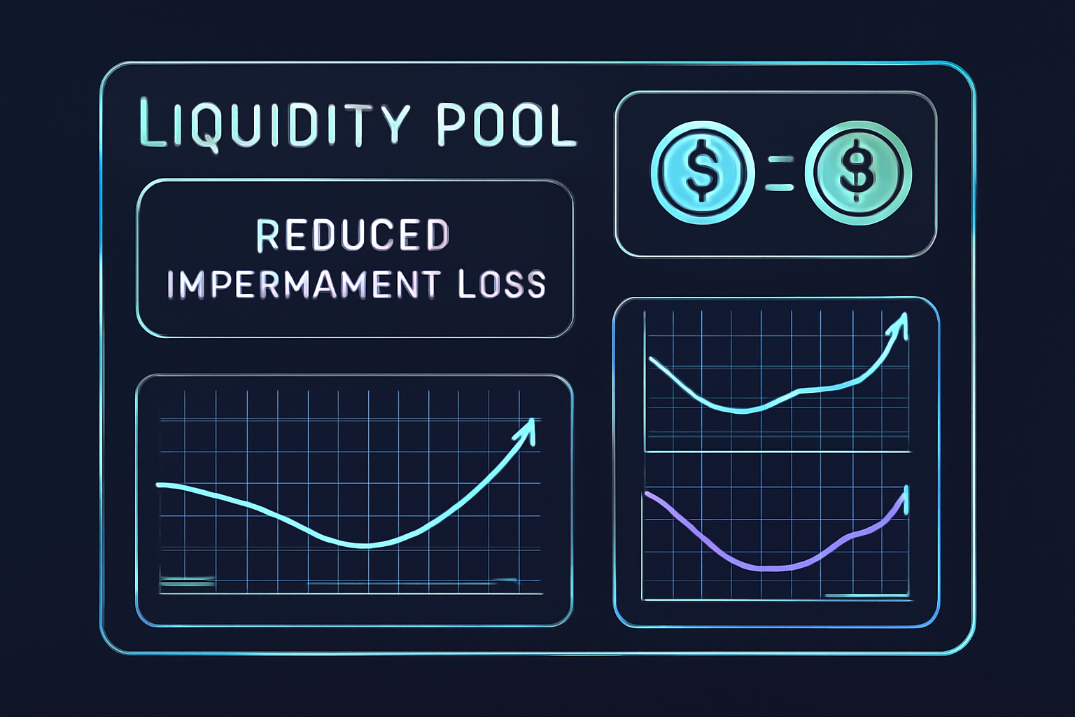 liquidity pool visualization with graphs showing reduced impermanent loss, futuristic dashboard style