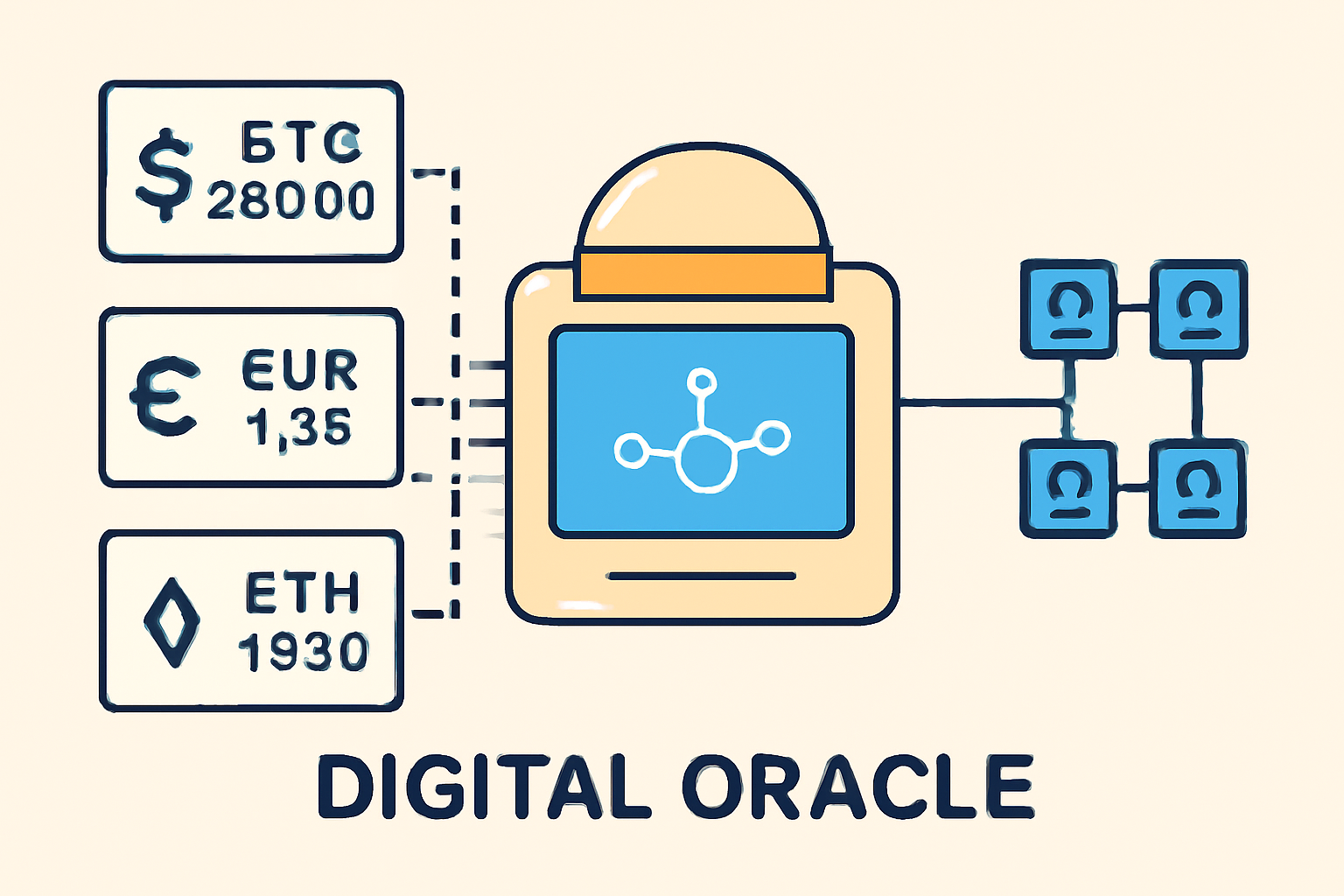digital oracle connecting price data to a blockchain, with clear price tickers and secure data lines
