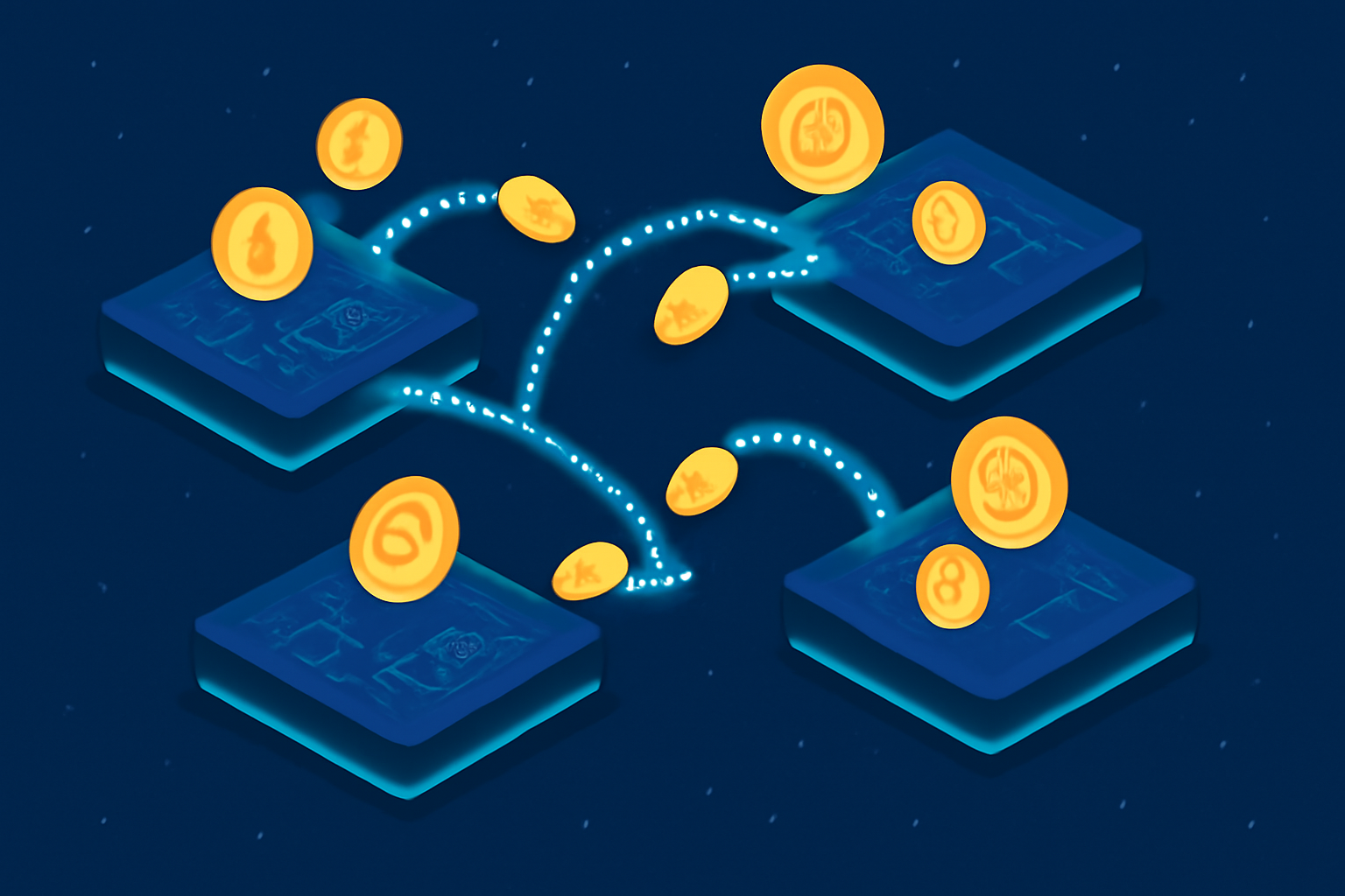 multiple blockchains connected by glowing bridges, tokens moving across chains, digital art